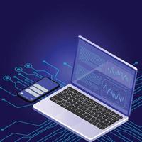 Data analysis, analytics, statistics, audit, research, report, business results. Web and mobile service. Financial reports, charts graphs on screen of laptop. Business 3d isometric illustration vector