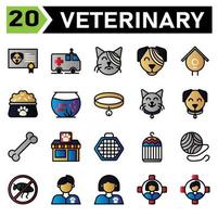 el conjunto de iconos veterinarios incluye certificado, vacuna, animal, mascota, perro, ambulancia, automóvil, rescate, mascota, rescate de animales, vendaje, gato, mascota, veterinario, vendaje, perro, mascota, veterinario, pajarera, nido vector