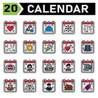 Calendar event icon set include love, hearth, calendar, date, event, islam, moon, cloud, weather, snow, flake, firework, party, stethoscope, doctor, medical, sun, day, new year, birthday, valentine vector