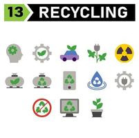 Ecology and Recycle icon set include  head, gear, environment, ecology, recycle, leaf, sustainable, car, waste, vehicle, energy, electric, reactor, nuclear, power, industry, tank, eco, device, gadget