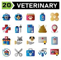 Veterinary icon set include carrier, vet, pet, box, cat, dog, calendar, appointment, veterinary, schedule, medication, supplement, vitamin, vaccine, bandied, clinic, medic, syringe, virus, flee vector