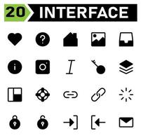 User interface icon set include love, hearth, favorite, like, user interface, help, circle, mark, question, home, house, image, photo, picture, gallery, in box, mailbox, receive, mail, info, about vector