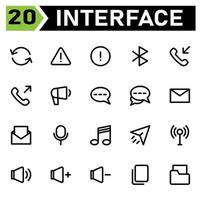 User interface icon set include update, rotate, sync, user interface, warning, sign, blue tooth, connection, phone, call in, call out, speaker, campaign, chat, message, conversation, mail, email vector