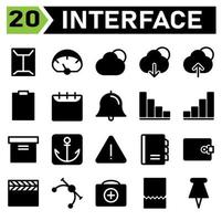 Web interface icon set include envelope, web app, mail, email, document, dashboard, page, response, performance, cloud, computing, storage, internet, download, arrows, data, backup, upload, clipboard vector