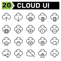 cloud user interface icon set include upload, cloud, user interface, computing, internet of thing, download, setting, gear, sign in, door, sign out, life buoy, help, block, add, plus, warning, sign vector