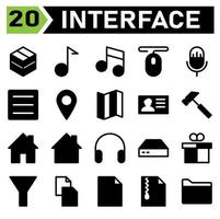 Web interface icon set include package, box, web app, shipment, gift, music, multimedia, note, player, mouse, pointer, click, microphone, mic, record, audio, menu, hamburger, list, pin, location vector