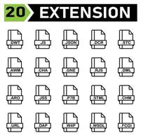 File extension icon set include dwt, js, json, dcr, stc, awm, cha, gne, rjs, dml, aro, jss, p7b, stml, chm, url, dap, w4p, wsdl, fcgi, file, document, extension, icon, type, set, format vector