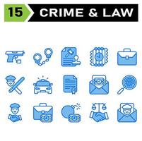 Crime and Law icon set include pistol, weapon, gun, crime, evidence, handcuffs, arrest, cuffs, prisoner, police, stamp, document, hammer, justice, file, dynamite, bomb, terror, time, briefcase, office vector