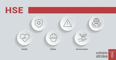 HSE. Health Safety Environment acronym. Vector Illustration concept banner with icons and keywords. Editable stroke EPS 10.