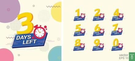 3, 5, 1, 2, 7, 6, 4, 8, 9, 0 days left badge, label set. Number days left countdown vector illustration template. EPS 10.