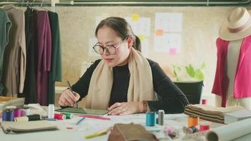 la diseñadora de moda asiática de mediana edad trabaja en el estudio con bocetos de dibujo de ideas con tableta digital y tela colorida para una colección de diseño de vestidos, empresaria profesional de sastrería boutique. video