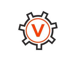 Initial Letter V Gear Logo Design Template. Gear Engineer Logotype vector