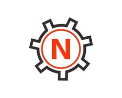 Initial Letter N Gear Logo Design Template. Gear Engineer Logotype vector