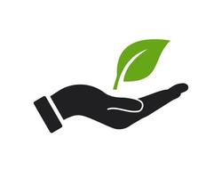 diseño de logotipo de hoja de mano. logotipo ecológico con vector de concepto de mano. diseño de logotipo de mano y eco