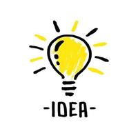 Doodle hand drawn light bulb icon with concept of idea. solution. isolated on white background. vector illustration