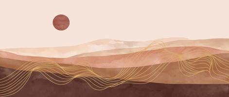Creative minimalist modern art print. Abstract mountain contemporary aesthetic backgrounds landscapes. with golden line art, desert, hill, sun. vector illustrations