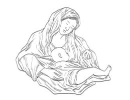 madonna y el bebé niño jesús estilo medieval dibujo de arte lineal