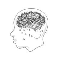 Man with Depression Brain with Crown of Thorns Medieval Style Line Art Drawing vector