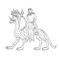 Babylon the Great or Mother of Harlots in the Book of Revelation Medieval Style Line Art Drawing vector