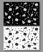 comida rápida sin costuras, pizza y hamburguesas sin costuras patrón negro blanco vector diseño