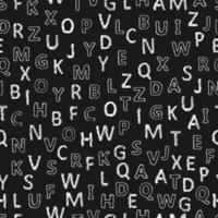 Doodle alphabet seamless background. Endless vector pattern with white letters on a black background.