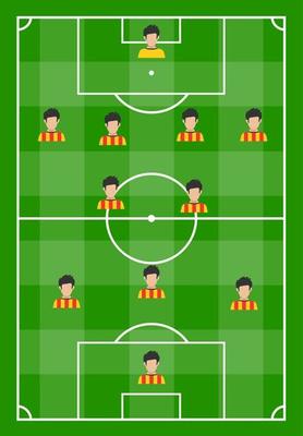Football field with green grass and with eleven players. Vector illustration