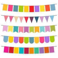 Colorful flags and bunting garlands for decoration. Decor elements with various patterns. Vector illustration