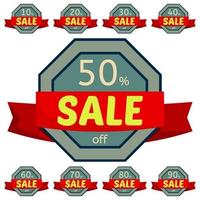 Set of discount stickers. Gray badges with red ribbon for sale 10 - 90 percent off. Vector illustration.