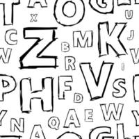 Doodle alphabet seamless background. Endless vector pattern with black letters on a white background.