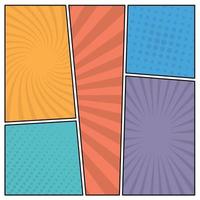 Colorful comic book page background in pop art style. Empty template with rays and dots pattern. Vector illustration