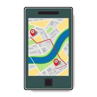 Mobile phone with a map of the city and the route from point A to point B. Vector illustration