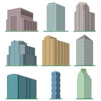 Set of nine modern high-rise building on a white background. View of the building from the bottom. Isometric vector illustration.