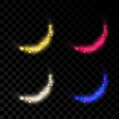 Set of four light wave with gold, silver, red and blue glitter effects on a dark transparent background. Abstract swirl lines. Vector illustration