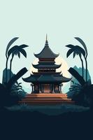 bali hindu temple, balinese culture background indonesia tourism retro style vector