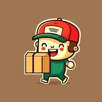 delivery man holding box package wearing uniform and cap vector illustration