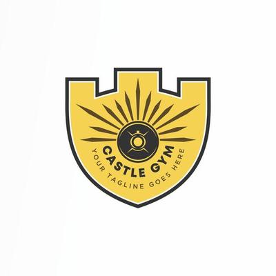 Unique castle or fortress icon and barbell in shield or guard image graphic icon logo design abstract concept vector stock. can be used as a corporate identity associated with gym or sport