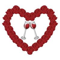 copas de vino en un marco en forma de corazón hecho de rosas. ilustración vectorial aislado sobre fondo blanco. vector