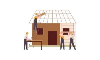 Houses construction process. Team of builders build wood home illustration vector