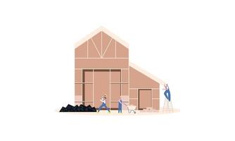 Houses construction process. Team of builders build wood home illustration vector