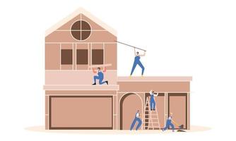 proceso de construcción de casas. equipo de constructores construir ilustración de casa de madera vector