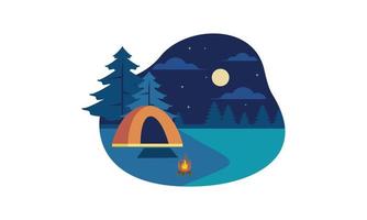 composición de dibujos animados de lugar de campamento con cena en el cielo nocturno de fuego vector