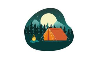 composición de dibujos animados de lugar de campamento con cena en el cielo nocturno de fuego vector