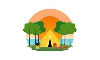 Camping place cartoon composition with dinner on fire night sky vector