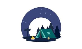 composición de dibujos animados de lugar de campamento con cena en el cielo nocturno de fuego vector