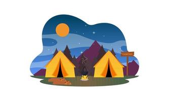 composición de dibujos animados de lugar de campamento con cena en el cielo nocturno de fuego vector