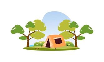 Camping place cartoon composition with dinner on fire night sky vector