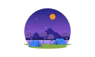 composición de dibujos animados de lugar de campamento con cena en el cielo nocturno de fuego vector