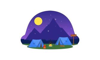 composición de dibujos animados de lugar de campamento con cena en el cielo nocturno de fuego vector