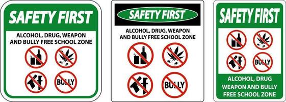 primer cartel de seguridad escolar, zona escolar libre de alcohol, drogas, armas y matones vector