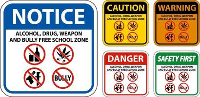 aviso de señal de seguridad escolar, zona escolar libre de alcohol, drogas, armas y matones